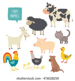 Set of cute farm animals. Vector hand drawn eps 10 clip art illustration isolated on white background.