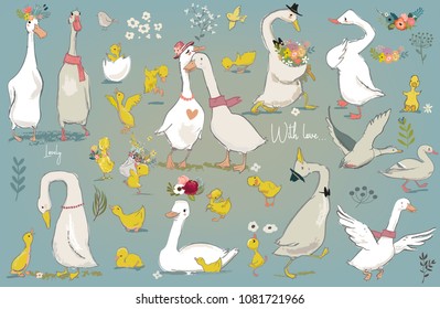 set with cute farm birds