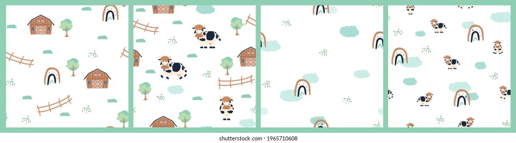 Set of cute farm cartoon seamless patterns on white background. Vector happy cow animal, rainbow, barn, fence illustration for kids, flat style