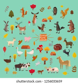 Set of cute and cute farm and forest animals, fox, bear, wolf, pig, rabbit, cat, raccoon, cow, horse, bull, cow, squirrel, cartoon style, greeting card, illustration, vector, banner, isolated