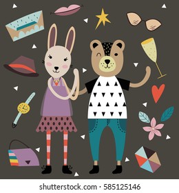 Set of cute fashion animals and fashion elements and accessories. Hand drawn vector illustration in scandinavian style.