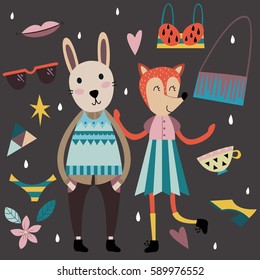 Set of cute fashion animals and fashion elements and accessories. Hand drawn vector illustration in scandinavian style.
