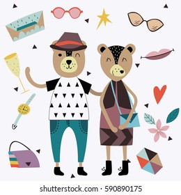 Set of cute fashion animals and fashion elements and accessories. Hand drawn vector illustration in scandinavian style.