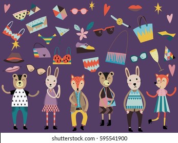 Set of cute fashion animals and fashion elements and accessories. Hand drawn vector illustration in scandinavian style.