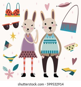 Set of cute fashion animals and fashion elements and accessories. Hand drawn vector illustration in scandinavian style.