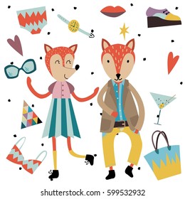 Set of cute fashion animals and fashion elements and accessories. Hand drawn vector illustration in scandinavian style.