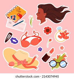 Set of cute fashion girls things. Women care stuff, clothing and luxury accessories, cosmetics shopping, cute female interests and daily activities cartoon vector illustration