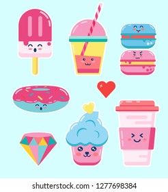 Set of cute fashion patches, cute cartoon badges, fun stickers desserts drink coffee vector, positive thinking words design for poster, card, flayer, postcard, calendar, concept