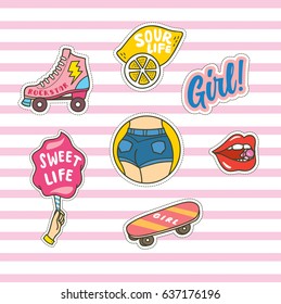 Set of cute fashion patches on pink stripe background 