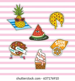 Set of cute fashion patches on pink stripe background 