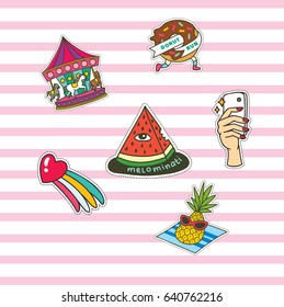 Set of cute fashion patches on pink stripe background