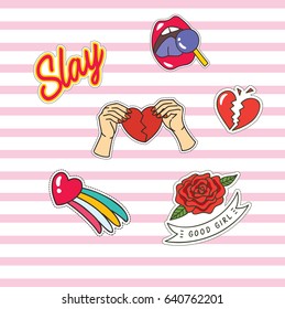 Set of cute fashion patches with rose, heart and other object