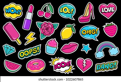 Set of cute fashion patches, strawberry, lipstick, ice-cream, donut, shoe, rose, diamond, lips, watermelon, cherry, cupcake, speech bubbles etc. Cartoon stickers, 80s-90s style. Vector illustration