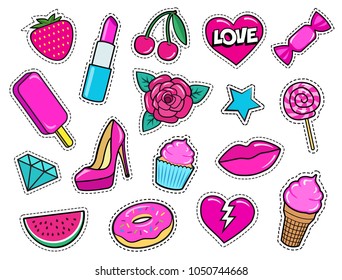 Set of cute fashion patches, strawberry, lipstick, ice-cream, donut, shoe, rose, diamond, lips, watermelon, cherry, cupcake, candy etc. Cartoon stickers, 80s-90s pop art style. Vector illustration