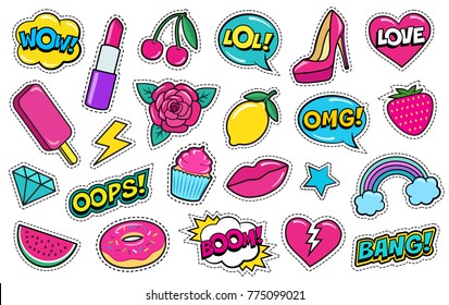 Set of cute fashion patches, strawberry, lipstick, ice-cream, donut, shoe, rose, diamond, lips, watermelon, cherry, cupcake, speech bubbles etc. Cartoon stickers, 80s-90s style. Vector illustration