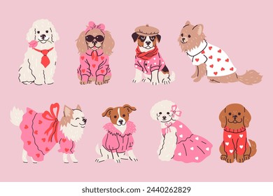 Conjunto de lindos perros de moda en la ropa. Gráficos vectoriales.