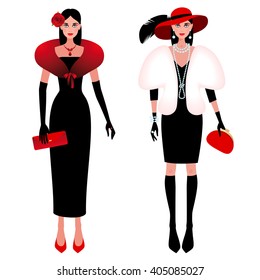 A set of cute fashionable girls on the evening of luxury glamor clothes. The stylish little black dress, hat, feather, clutch bag, pearls. Vector illustration of people isolated on white background.