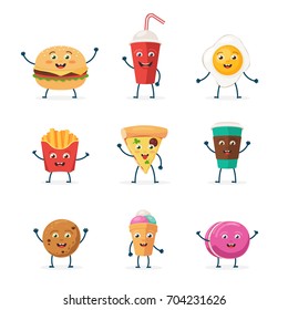 Set of cute fast food characters icons: burger, soda, pizza slice, french fries, cup of coffee, egg, ice cream and macaron. Vector illustration in cartoon style isolated on white background