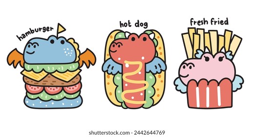 Conjunto de comida rápida linda en concepto de dragón. Animales de diseño de dibujos animados concept.Hamburger, hot dog, fresco frito dibujado a mano.Kawaii.Vecor.Illustración.