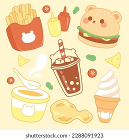 Set of cute fast food and drink kawaii cartoon style 