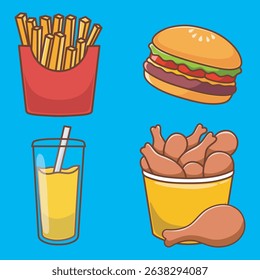 Set of cute fast food. French fries, burger, orange juice, chicken bucket. Isolated on colorful background.