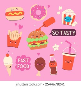 Set of cute fast food hot dog, burger, drinks, ice cream, chicken leg, pop corn, donut, french fries. Vector graphics.