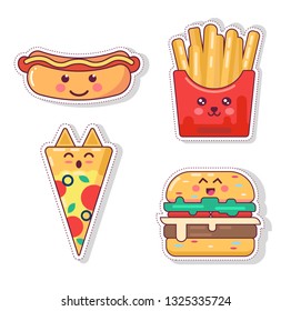 set of cute fast food poster design with vector kawaii junk character Cartoon  Isolated print for greeting card. post card. flyer, badges, sticker, poster, postcard, patches, banner, scrapbooking