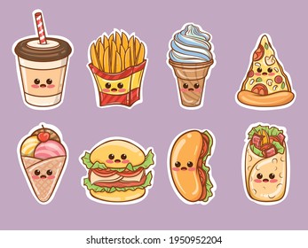 set cute fast food sticker concept stock vector royalty free 1950952204