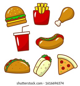 Set of cute fast food vector illustration such as burger, french fries, hot dog and more isolated on white background 