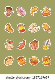 set of cute fast-food icon sticker cartoon characters and illustrations. 