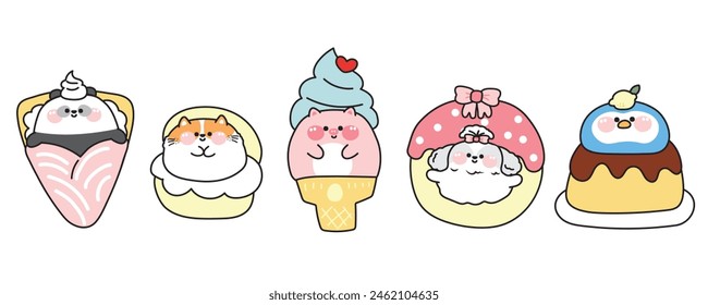 Set of cute fat animals in dessert and sweet concept.Cartoon.Panda bear crepe.Cat in chucream.Pig ice cream.Dog greeting donut.penguin face pudding.Kawaii.Vector.Illustration.