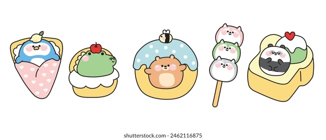 Set of cute fat animals in dessert and sweet concept.Cartoon.Penguin crepe.Crocodile in chucream.Teddy bear with bee donut.Shiba inu dango.Panda ice cream honey toast.Kawaii.Vector.Illustration.