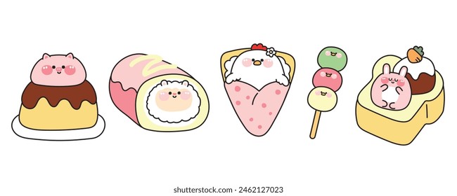 Set of cute fat animals in dessert and sweet concept.Cartoon.Pig pudding.Sheep in roll cake.Hen in crepe.Chicken dango.Rabbit stay on ice cream honey toast.Kawaii.Vector.Illustration.