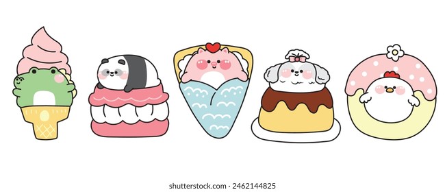 Set of cute fat animals in dessert and sweet concept.Cartoon.Crocodile ice cream.Panda bear stay on macaron.Pig in crepe.Dog face pudding.Hen donut.Kawaii.Vector.Illustration.