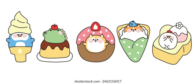 Set of cute fat animals in dessert and sweet concept.Cartoon.Penguin ice cream.Crocodile face pudding.Shiba inu dog in strawberry donut.Cat and fish in crepe.Hen ice cream honey toast.Kawaii.Vector