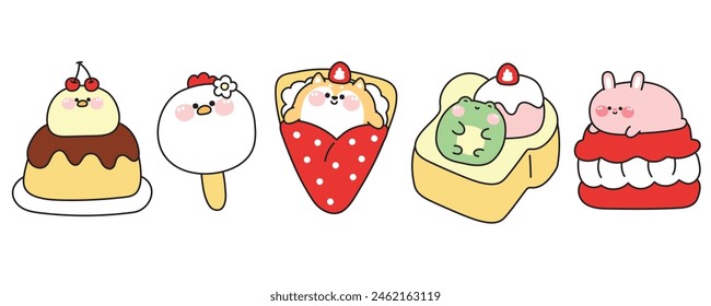 Set of cute fat animals in dessert and sweet concept.Cartoon.Chicken cherry pudding.Hen face ice cream.Shiba inu dog crepe.frog ice cream honey toast.Rabbit macaron.Kawaii.Vector.Illustration.