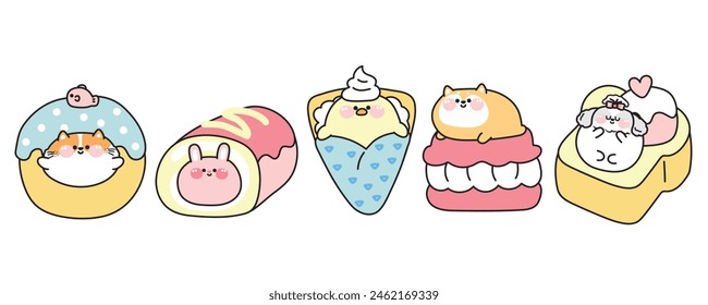 Set of cute fat animals in dessert and sweet concept.Cartoon.Cat and fish in donut.Rabbit in roll cake.Chicken crepe.Shiba inu dog on macaron.Dog ice cream honey toast.Kawaii.Vector.Illustration.