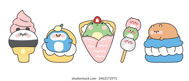 Set von niedlichen Fetttieren in Dessert und süße Konzept.Cartoon.Panda Bär Eis.Pinguin in chucreme.Frog crepe Erdbeere.Pig Gesicht dango.Bär lag auf makaron.Kawaii.Vektorgrafik.Illustration.