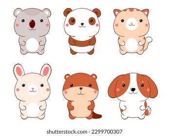 Conjunto de lindos animales de dibujos animados gordos al estilo kawaii. Colección de encantadores bebés animales. Perro gracioso, gato, panda, castor, koala, conejito. Ilustración del vector EPS8