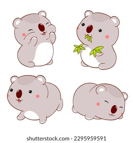 Set of cute fat cartoon koalas in kawaii style. Collection of lovely koala baby in different poses. Funny koalas -  eating eucalyptus leaves, sitting, sleeping. Vector illustration EPS8