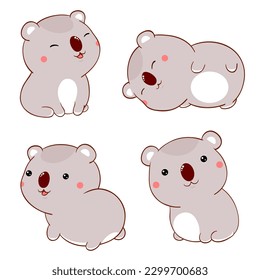 Set of cute fat cartoon koalas in kawaii style. Collection of lovely koala baby in different poses. Vector illustration EPS8