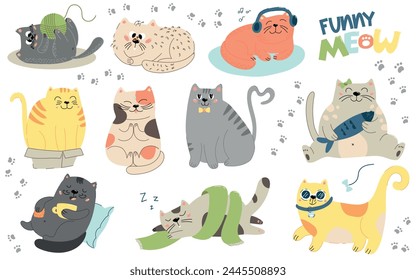 Conjunto de lindos gatos gordos. Pegatinas de garabatos con gatitos esponjosos divertidos sentados en la caja, jugando con la pelota y durmiendo. Adorables mascotas que maullan. Colección de Vector plana de dibujos animados aislada sobre fondo blanco