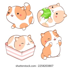 Set of cute fat cats kawaii style. Collection of lovely little kitty - play with a ball of yarn, sleeps in box. Can be used for t-shirt print, stickers, greeting card. Vector illustration EPS8