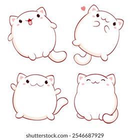 Set of cute fat cats kawaii style. Collection of lovely kitty in different poses. Baby set with little pets in kawaii style. Can be used for t-shirt print, sticker, greeting card design. Vector EPS8