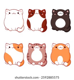 Set of cute fat cats kawaii style. Collection of lovely kitty of various colours. Baby set with little pets. Can be used for t-shirt print, sticker, greeting card design. Vector illustration EPS8