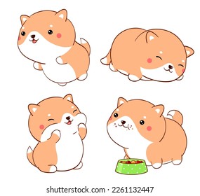 Set of cute fat dogs kawaii style. Collection of lovely little shiba inu puppy in different poses. Can be used for t-shirt print, stickers, greeting card design. Vector illustration EPS8