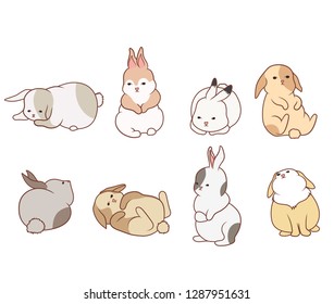 Set of cute fat Easter bunnies in various poses. Vector illustration on white background.