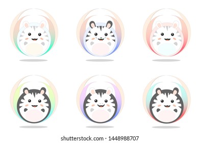 A set of cute fat kawai bat and cat balls with gradient decoration behind isolated on white background. Japanese cartoon style.