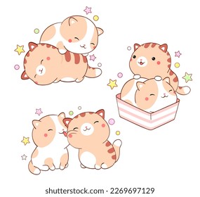 Set of cute fat kitty kawaii style. Collection of two lovely little cats. Can be used for t-shirt print, stickers, greeting card design. Vector illustration EPS8