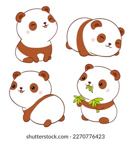 Set of cute fat pandas kawaii style. Collection of lovely baby  panda in different poses. Can be used for t-shirt print, stickers, greeting card design. Vector illustration EPS8